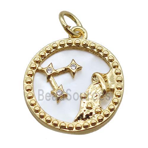 copper circle pendant paved zircon, Zodiac Aquarius, shell backing, gold plated