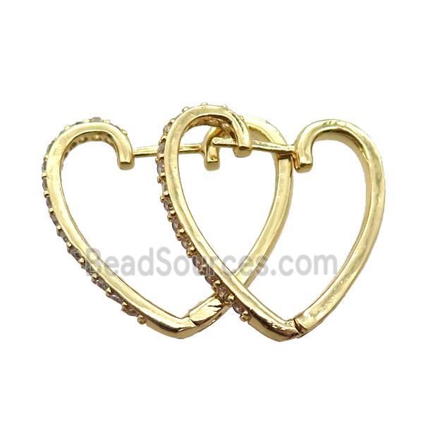 copper Latchback Earrings paved zircon, heart, gold plated