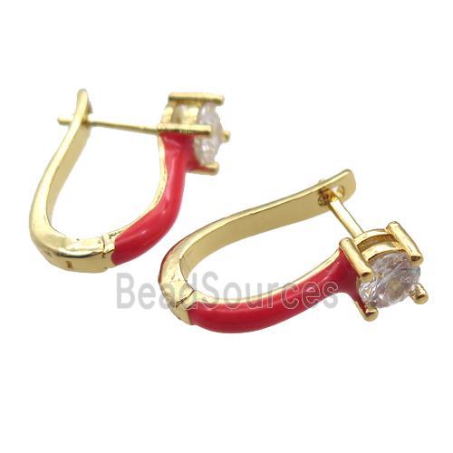 copper Latchback Earrings pave zircon with red Enameling, gold plated