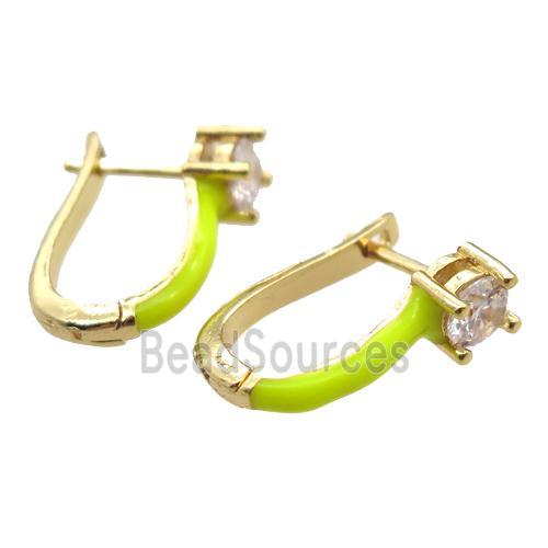 copper Latchback Earrings pave zircon with olive Enameling, gold plated