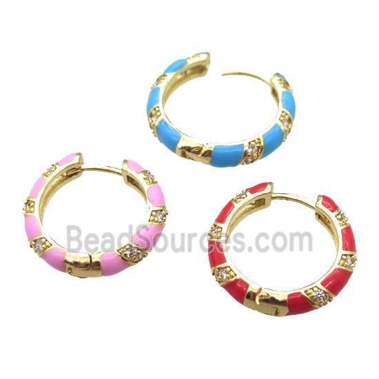 copper hoop Earrings pave zircon with Enameling, mixed, gold plated