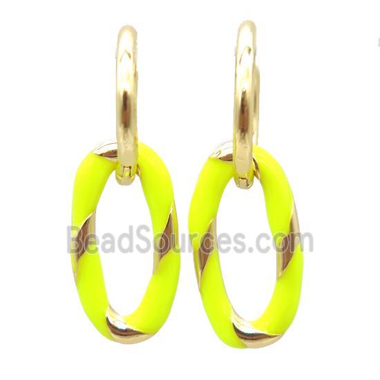 copper hoop Earring with yellow enameling, oval, gold plated