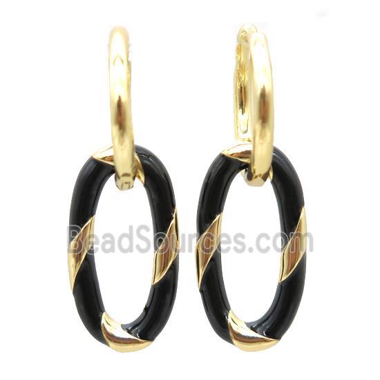 copper hoop Earring with black enameling, oval, gold plated