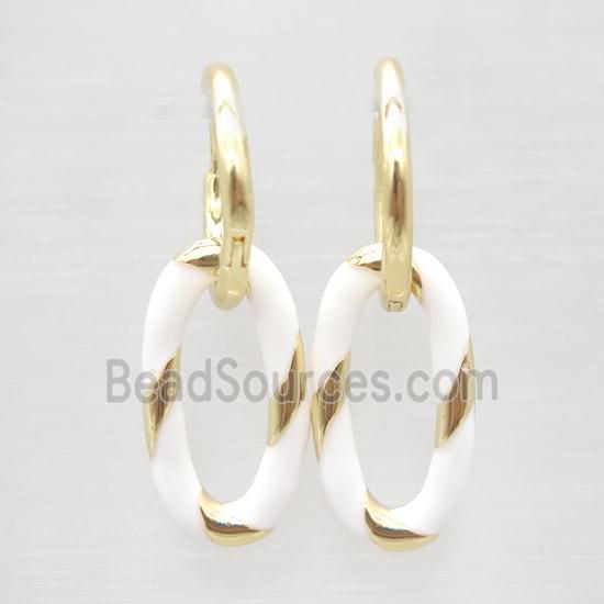 copper hoop Earring with white enameling, oval, gold plated