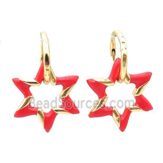 copper hoop Earring with red enameling, star, gold plated