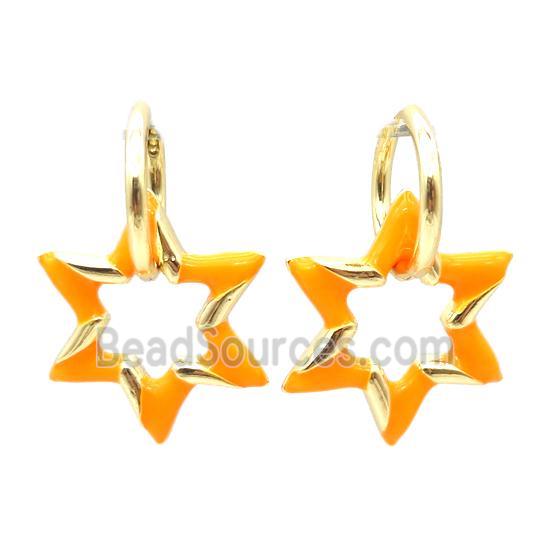 copper hoop Earring with orange enameling, star, gold plated