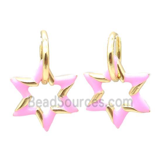 copper hoop Earring with pink enameling, star, gold plated