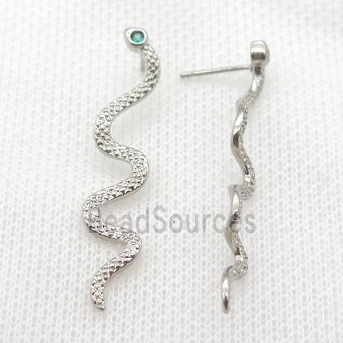 copper snake stud Earrings paved zircon, platinum plated