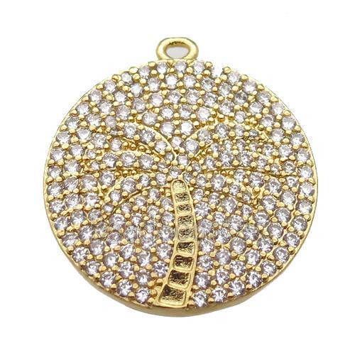 copper circle pendant pave zircon, coconut tree, gold plated