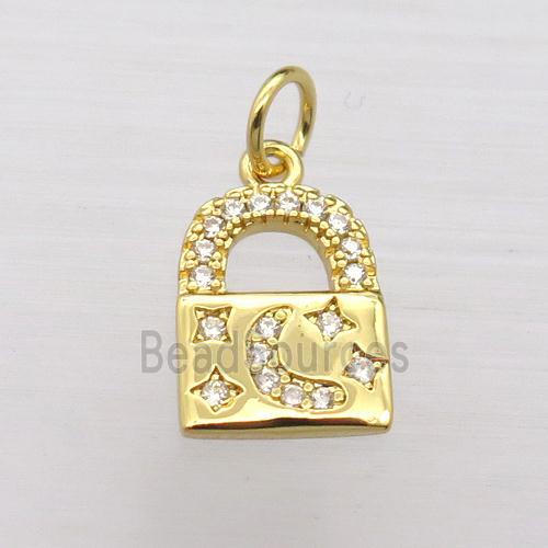 copper lock pendant pave zircon, moon, gold plated