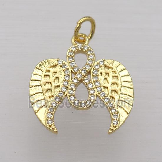 copper pendant pave zircon, angel wings, gold plated