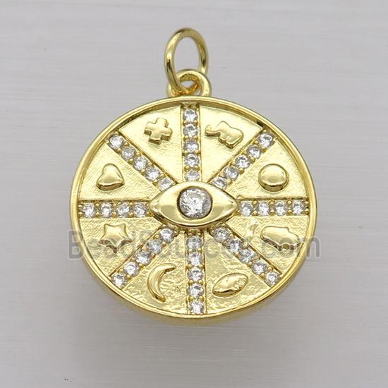 copper circle pendant pave zircon, gold plated