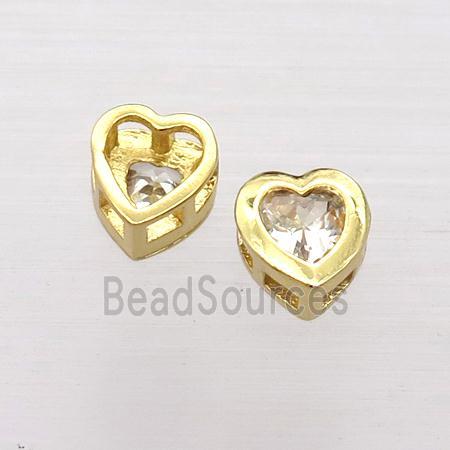 copper heart beads pave zircon, gold plated