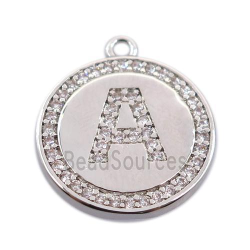 copper circle pendant pave zircon, letter A, platinum plated