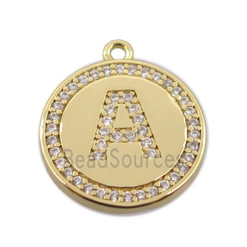 copper circle pendant pave zircon, letter A, gold plated