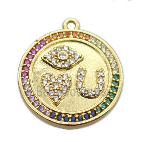 copper circle pendant pave zircon, gold plated