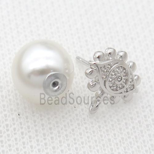 copper Stud Earrings pave zircon, pearl shell, platinum plated