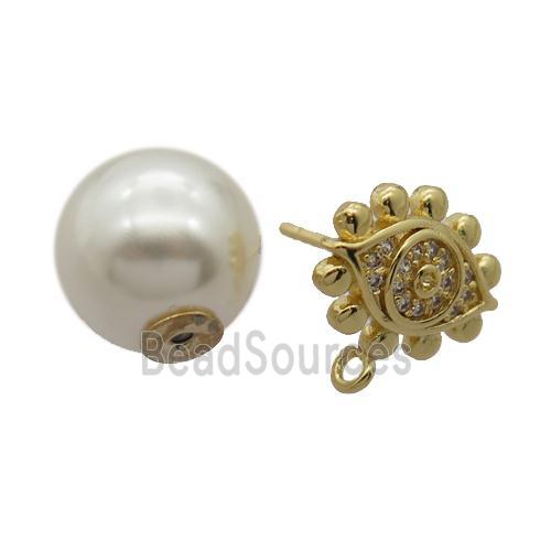 copper Stud Earrings pave zircon, pearl shell, gold plated