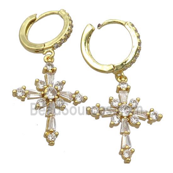 copper Hoop Earrings pave zircon with cross, gold plated