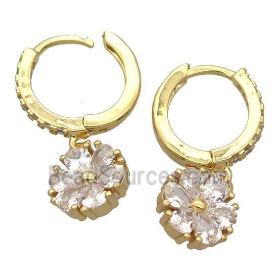 copper Hoop Earrings pave zircon with flower, gold plated