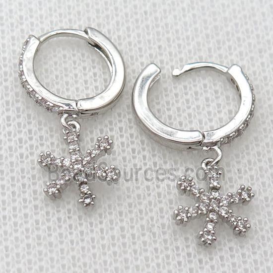 copper Hoop Earrings pave zircon with snowflake, platinum plated