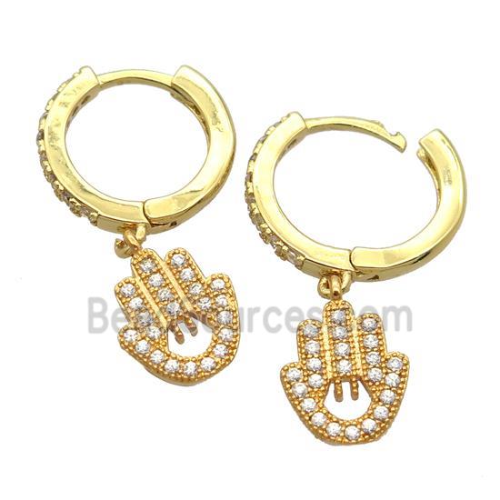 copper Hoop Earrings pave zircon with hamsahand, gold plated