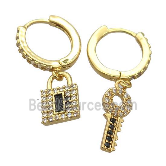 copper Hoop Earrings pave zircon with keyLock, gold plated