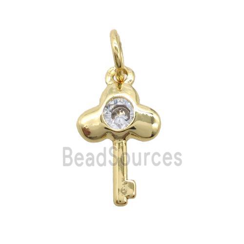 copper Key charm pendant pave zircon, gold plated