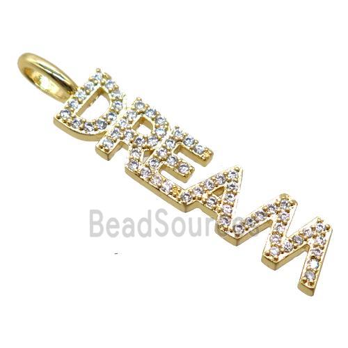 copper DREAM pendant pave zircon, letter, gold plated