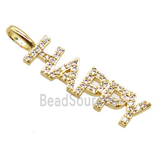 copper HAPPY pendant pave zircon, letter, gold plated