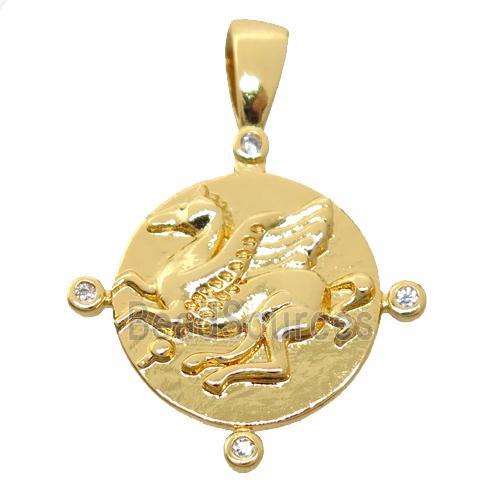 copper circle pendant pave zircon, horse, gold plated