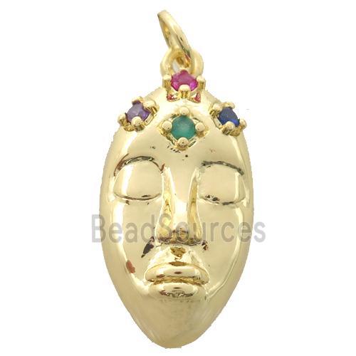 copper facemask pendant pave zircon, gold plated