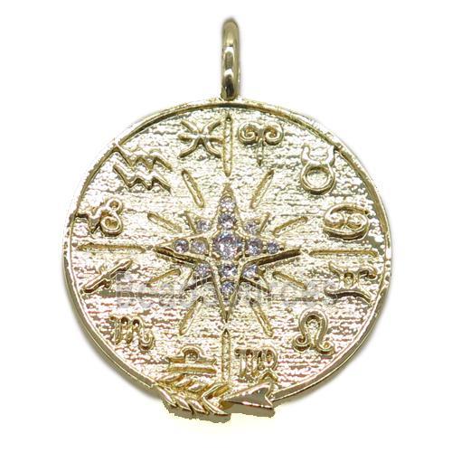 copper circle pendant pave zircon, compass, gold plated