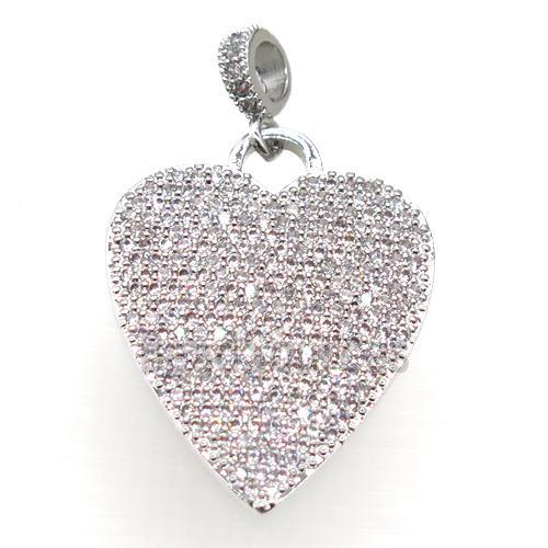 copper heart pendant pave zircon, platinum plated