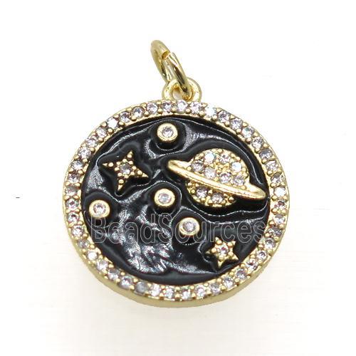 copper circle pendant pave zircon, enamel, planet, gold plated