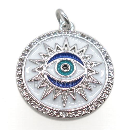 copper circle pendant pave zircon, enamel, eye, platinum plated