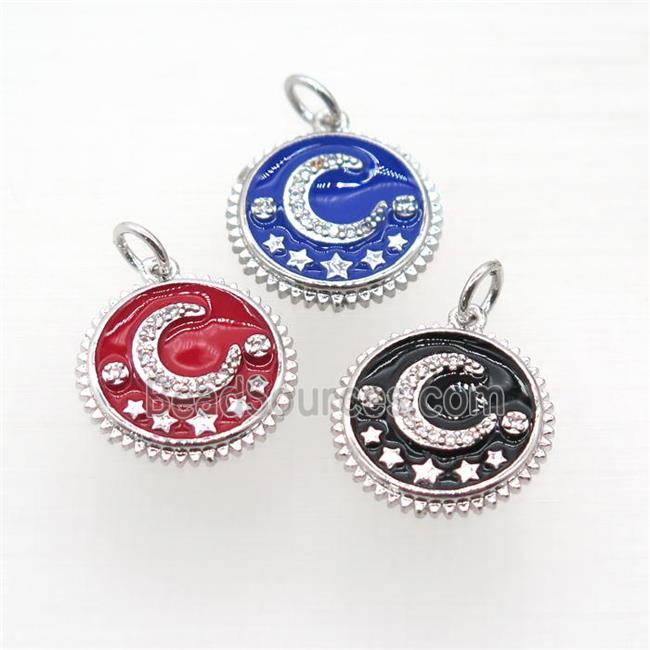 copper circle pendant pave zircon, enamel, moon, platinum plated, mix