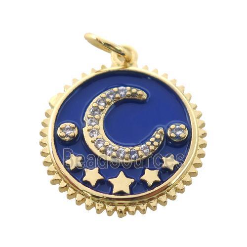 copper circle pendant pave zircon, blue enamel, moon, gold plated