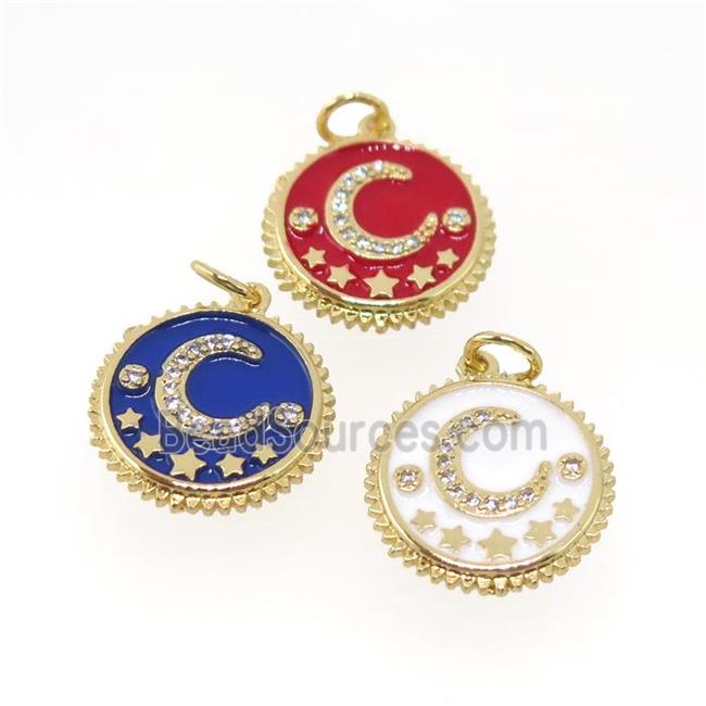 copper circle pendant pave zircon, enamel, moon, gold plated, mix