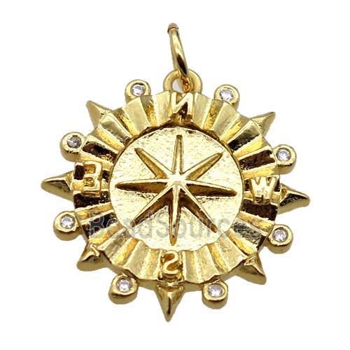 copper Compass pendant pave zircon, gold plated