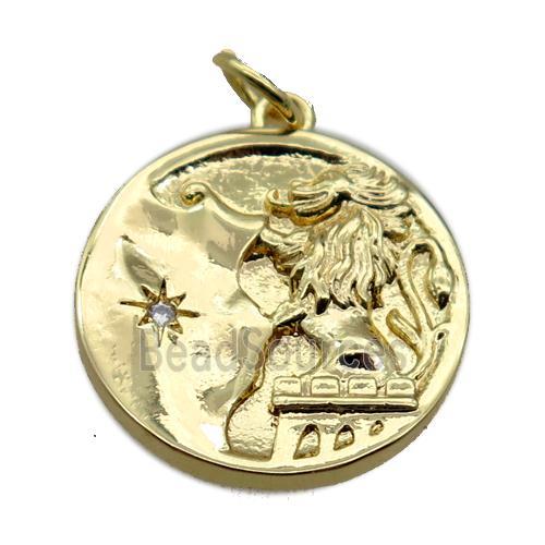 copper circle pendant pave zircon, dragon, gold plated