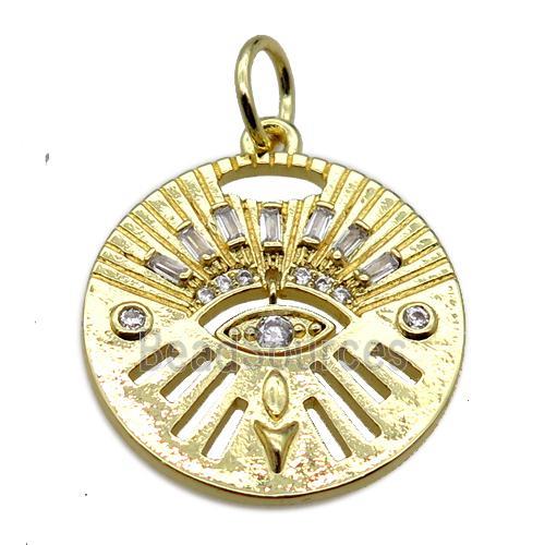 copper circle pendant pave zircon, eye, gold plated