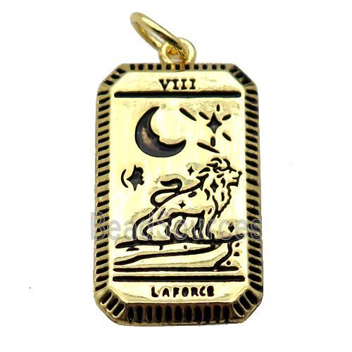 copper rectangle tarot card pendant pave zircon, lion, gold plated