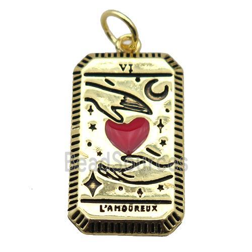 copper rectangle tarot card pendant pave zircon, red heart, gold plated