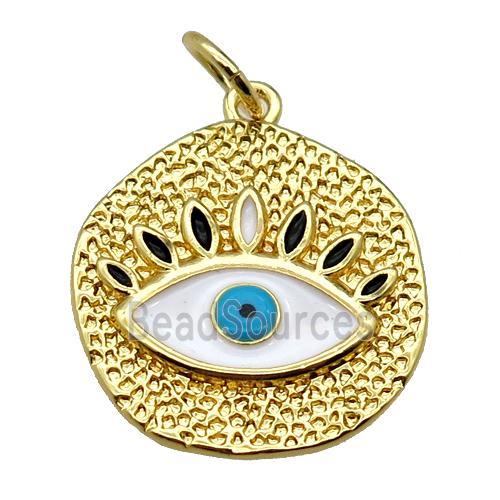 copper circle pendant with enamel evil eye, gold plated