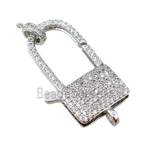 copper Carabiner Clasp paved zircon, lock, platinum plated