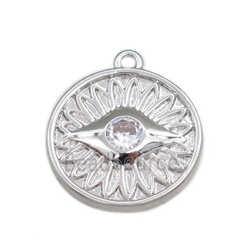 copper circle pendant pave zircon, eye, platinum plated