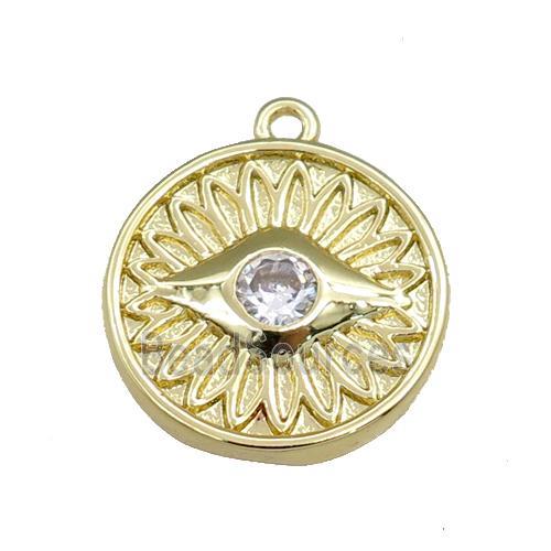 copper circle pendant pave zircon, eye, gold plated