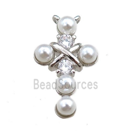 copper cross pendant pave zircon with pearlized plastic, platinum plated