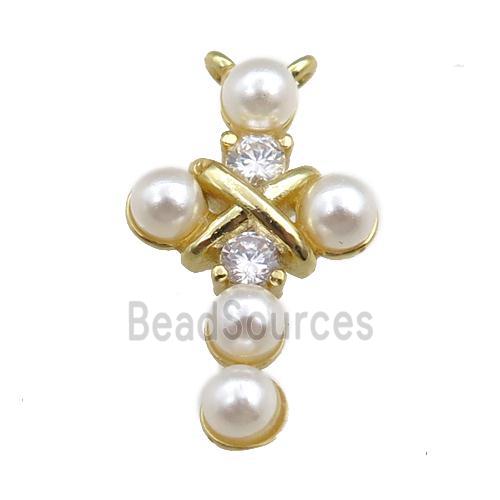 copper cross pendant pave zircon with pearlized plastic, gold plated